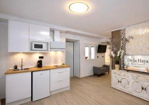 a kitchen with white cabinets and a counter top at Apartamentos De la Haya & Suite con Jacuzzi, junto al Teatro Romano in Mérida