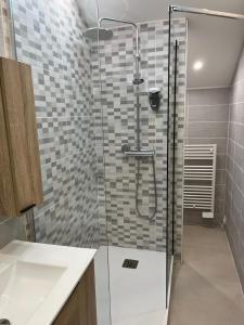a bathroom with a shower with a glass door at Le loft sous les toits in Arles