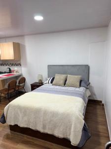 a bedroom with a large bed and a kitchen at Mini centrica suite privada con todo incluido in Loja