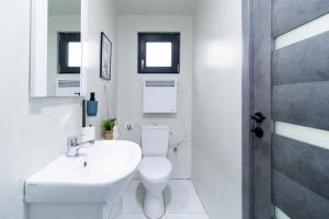 a white bathroom with a toilet and a sink at The HIDE - Dreamland in Boldeşti-Scăeni