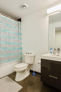 a bathroom with a toilet and a sink and a mirror at Cozy Room & Bath Downtown Toronto in Toronto