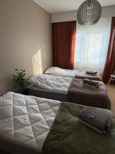 ein Schlafzimmer mit zwei Betten und einem Fenster in der Unterkunft Guesthouse Terkkari in Lahti