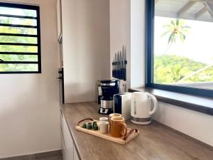 a kitchen with a counter with a coffee maker and a window at Villa Tiare in Bora Bora +28 photos