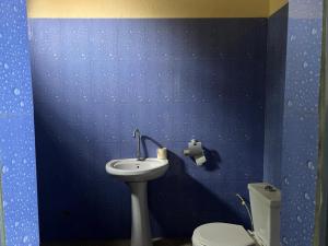 a blue bathroom with a sink and a toilet at Chez Aicha Ndangane in Ndangane