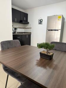 a wooden table in a kitchen with a potted plant on it at Moderno Apto central in Estación El Salto