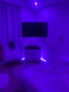 a purple room with a tv on a dresser at Appartement Jacuzzi proche Cité Gastronomique in Dijon