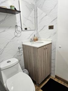 a bathroom with a toilet and a sink and a mirror at Apartamentos TerraLoft in San Antonio +6 photos