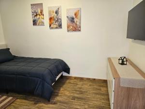 a room with a bed and four pictures on the wall at Apartamentos TerraLoft in San Antonio