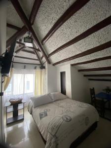 a bedroom with a large bed and a large window at Hotel Salamandra Tunja in Tunja