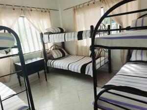 a room with three bunk beds and a window at Alborada Chinauta in La Serena +13 photos