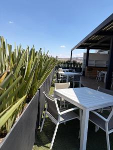 a table and chairs on a patio with plants at Hotel Nube, Puebla Centro in Puebla
