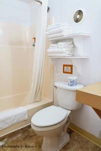 a bathroom with a toilet and a shower with towels at Park Motel and Cabins in Florence +223 photos