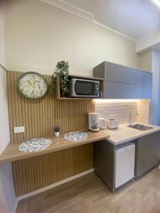 a kitchen with a counter with a sink and a microwave at Iconic Obelisco Studio in Buenos Aires