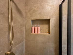 a bathroom with a shower with two pink cylinders on a shelf at Ocean Breeze in Perth +13 photos