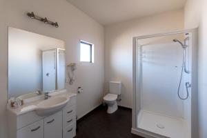 a bathroom with a sink and a shower and a toilet at Waterfront motel in Blenheim