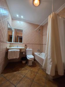 a bathroom with a toilet and a sink and a bath tub at Hostal Carlos I in Herrera del Duque