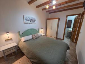a bedroom with a green bed and a bathroom at Hostal Carlos I in Herrera del Duque