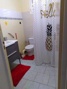 a bathroom with a toilet and a shower with a pineapple on the door at Villa Madras in Sainte-Anne +10 photos