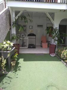 a patio with green grass and plants at Villa Madras in Sainte-Anne