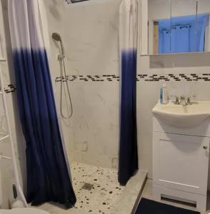 a bathroom with a shower and a sink at Quiet, Convenient Studio Andover Merrimack Valley - Long Stays Only in Andover