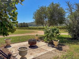 a group of pots sitting on a path in a garden at The Winegrower's Cottage in Broke