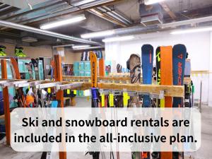 a bunch of snowboards on display in a store at Hotel Takimoto in Yamanouchi