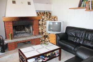 een woonkamer met een open haard en een televisie bij Hostel Bovec in Bovec