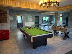 a billiard room with a pool table and two tables at Vila Arina -Private Retreat in Voronet