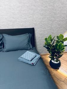 a bed with a pillow and a potted plant on it at VIP кв 10 мкр in Oral