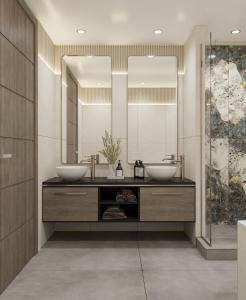 a bathroom with two sinks and a mirror at Donatello Premium Almaty in Almaty