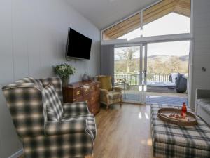 a living room with a couch and chairs and a television at Doe Lodge in Rhayader