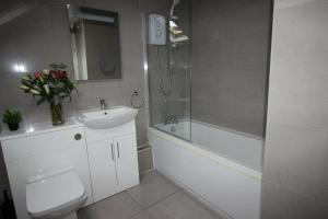 a bathroom with a sink and a toilet and a shower at Cornerhouse Apartments 5 Sleeps 5 in Llandudno