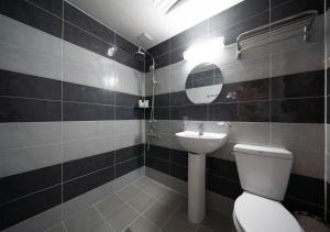 a bathroom with a toilet and a sink and a mirror at Hasen Dangjin Tourist Hotel in Dangjin