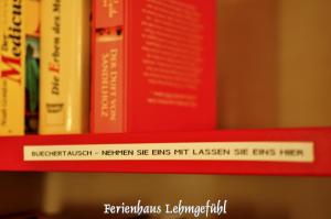 a row of books on a red shelf at Ferienwohnung Haus Lehmgefühl in Trier
