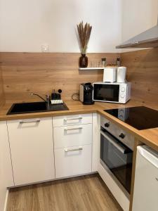 a kitchen with white cabinets and a sink and a microwave at Little Wild - Centre Ville in Saverne +19 photos