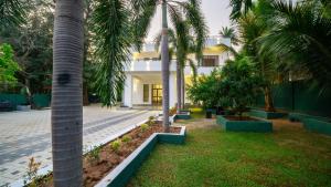 a courtyard with palm trees and a building at OKI Nature Resort in Dambulla