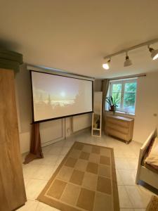 a large projection screen in a room with at Souterrainwohnung mit Badesteg an der Paar in Friedberg