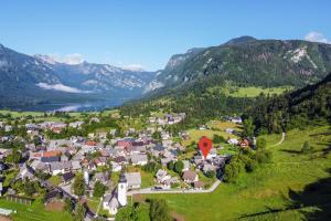 an aerial view of a small village in the mountains at Apartma Horvat in Bohinj