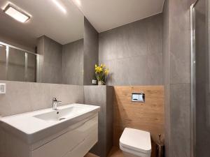 a bathroom with a white sink and a toilet at Posesja Kapitańska Apartament 18B 17 przy plaży in Grzybowo +13 photos