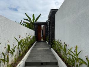 a pathway leading to a building with a red door at Moonlight Heaven Villa Ubud 2BR Private Pool in Tampaksiring