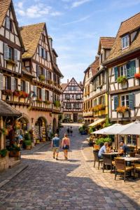 a group of people walking down a cobblestone street with buildings at Mulhouse City Loft in Mulhouse