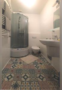 a bathroom with a shower and a toilet and a sink at Willa Perełka in Mielno +4 photos