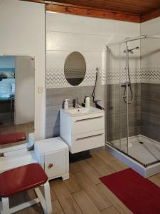 a bathroom with a shower and a sink and a mirror at Willa Perełka in Mielno