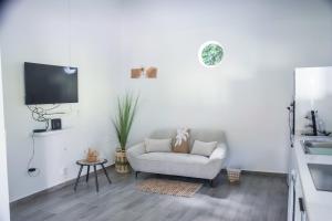 a white living room with a couch and a tv at La kaz a sonel, gîte au vert in Morne-à-lʼEau