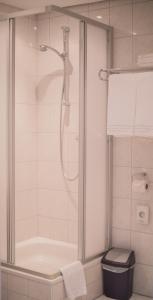 a bathroom with a shower with a glass door at Landhotel Postgut - Tradition seit 1549 in Tweng