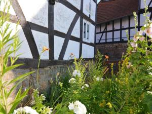 a garden with flowers in front of a building at Traditionelles Ferienhaus in Hessen mit Garten in Willingshausen