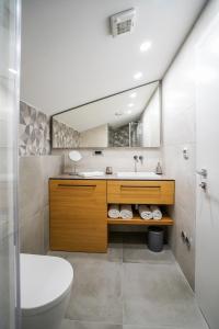 a bathroom with a sink and a toilet and a mirror at Seaview Villa Rajmond in Podstrana +15 photos