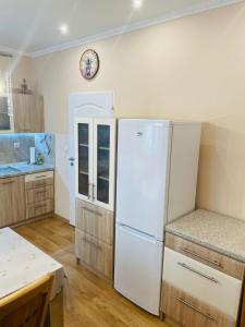 a kitchen with a white refrigerator and wooden cabinets at Residenz Emilia in Mariánské Lázně