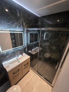 a bathroom with a shower and a sink at L'hyère in Carhaix-Plouguer