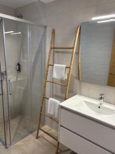 a bathroom with a shower and a sink and a ladder at Hostal Mallorquines in Riudarenes